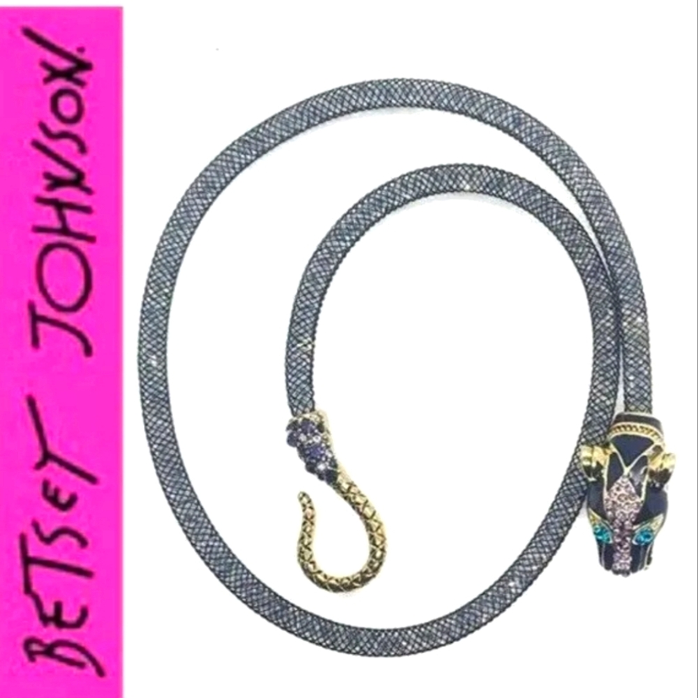 BETSEY JOHNSON SILVER CRYSTALS FILLED MESH TEAL PANTHER HEAD CHOKER NECKLACE
